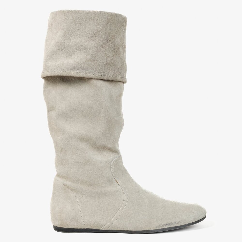 Gucci Sly Web Chalk Suede Cuffed Slouch Flat Boots